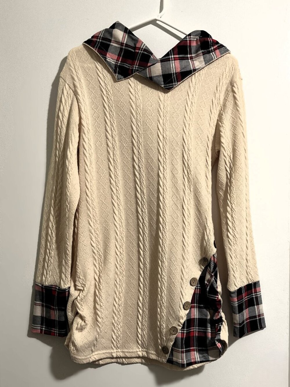 Cream Cable Knit Sweater Tunic with Plaid and Button Accents and Hood